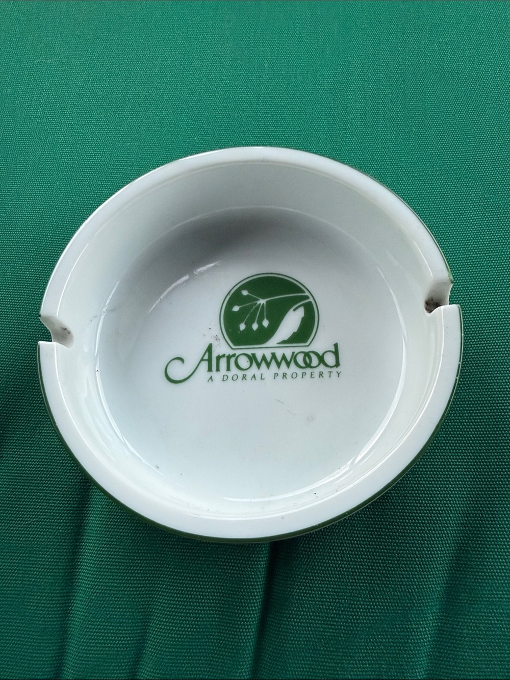 Arrowwood White Ceramic Ashtray with Green Logo